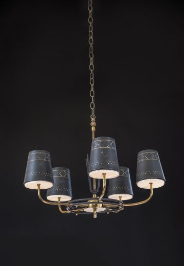 Five Light Brass & Black Chandelier