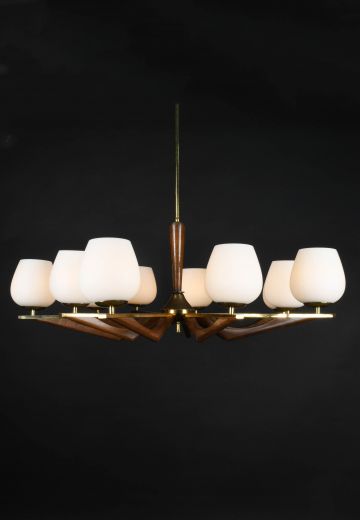 Walnut & Brass Mid Century Chandelier