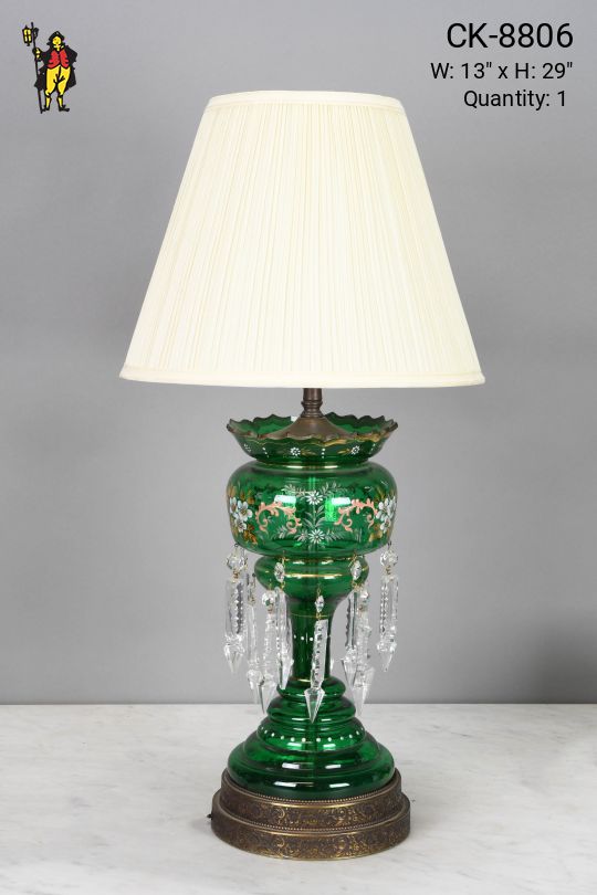 Shaded Glass Electrified Oil Lamp w/Crystal Drops