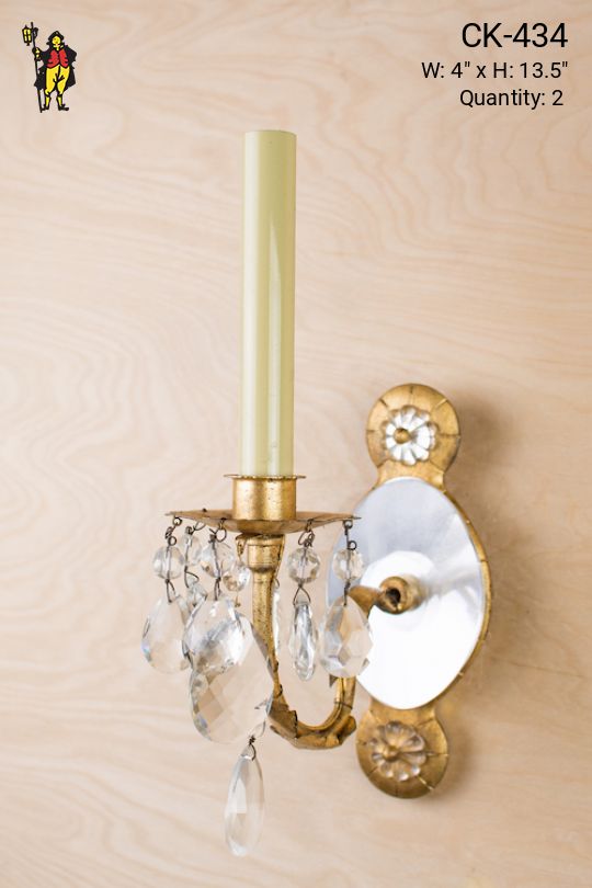 Single Candle Wall Sconce With Crystal Backplate & Crystal Drops