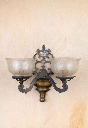 Victorian Two Light Wall Sconce w/Etched Glass Bowl Shades